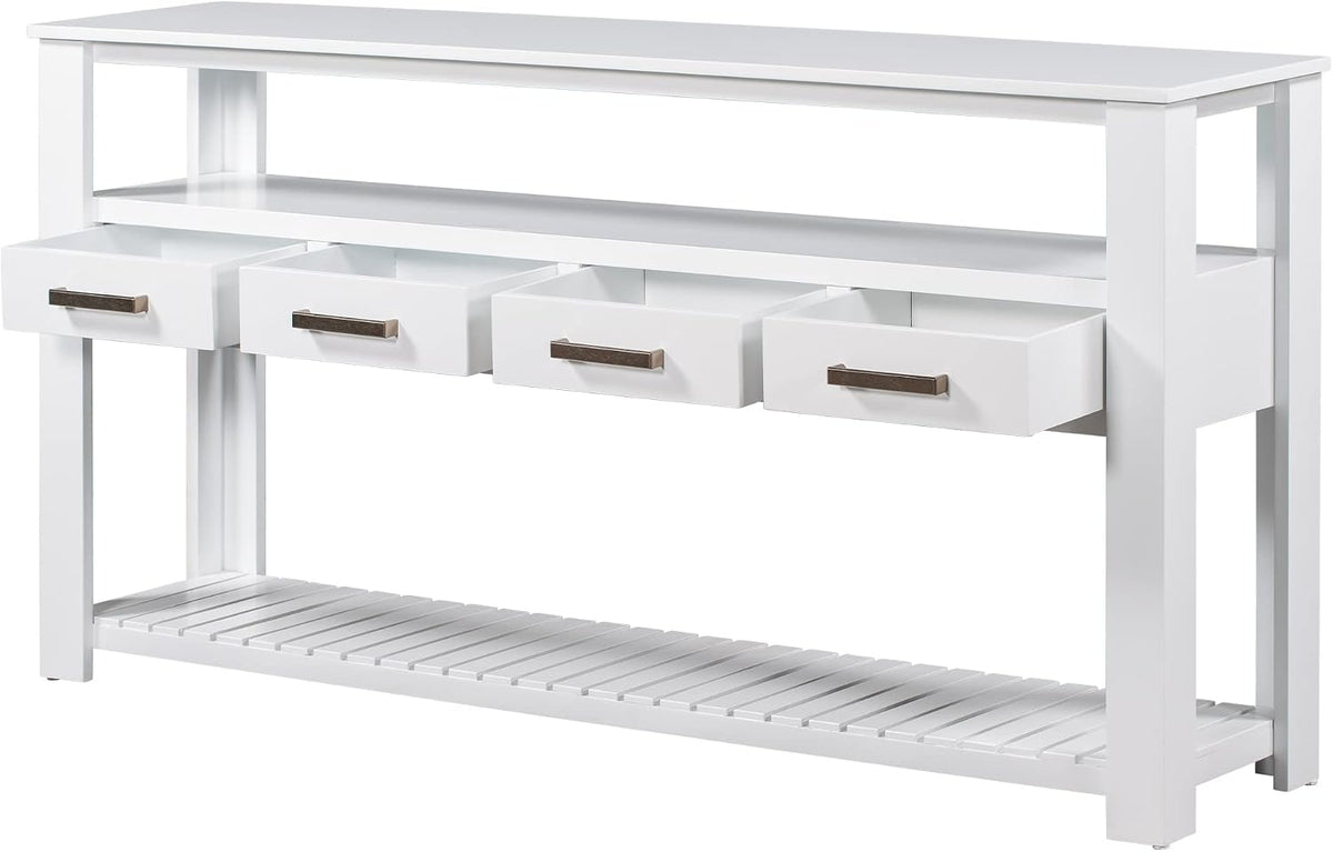 LUMISOL Console Table with 4 Drawers and 3-Tier Open Shelves, Wood Sofa Table Behind Couch with Metal Handles, Entryway Table for Living Room Foyer and Kitchen, White
