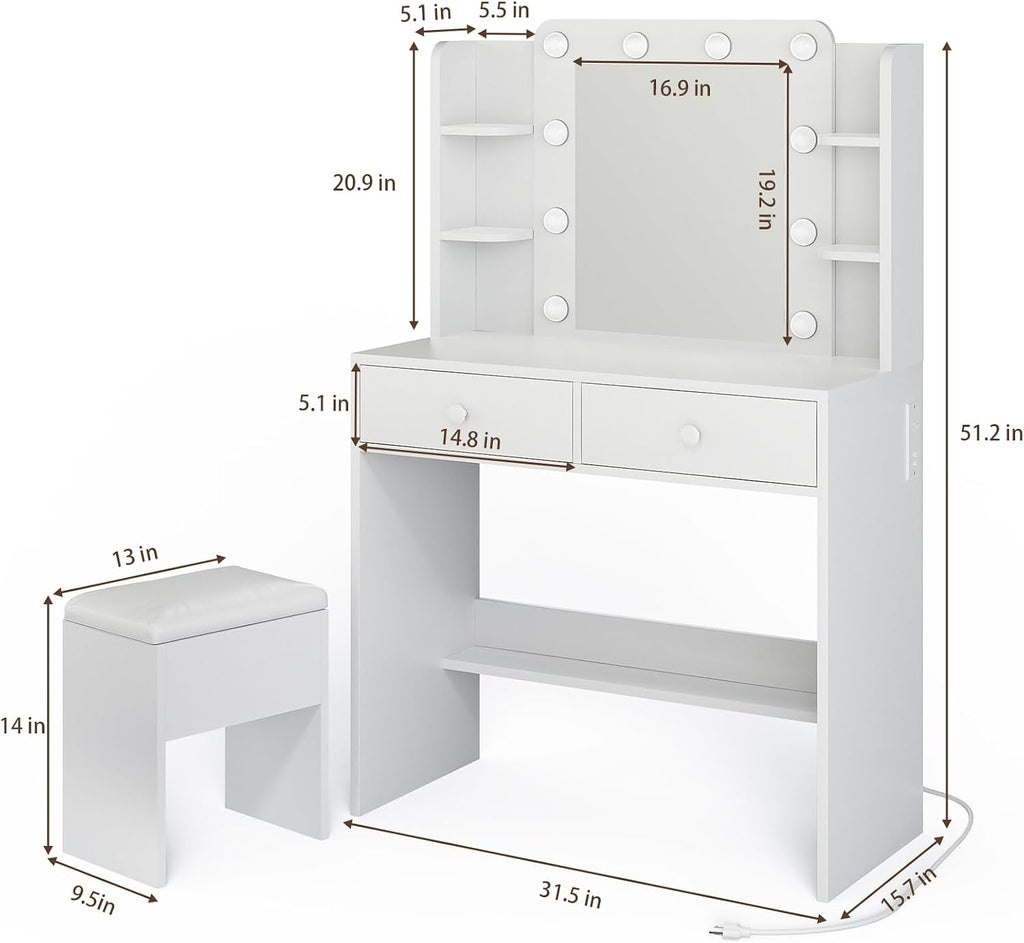 Haewon Makeup Vanity Desk with Lighted Mirror and Chair Set, White | 10 LED Light Bulbs, 3 Lighting Modes, Built-in Power Outlet, Storage Drawers and Shelves, for Bedroom