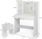Haewon Makeup Vanity Desk with Lighted Mirror and Chair Set, White | 10 LED Light Bulbs, 3 Lighting Modes, Built-in Power Outlet, Storage Drawers and Shelves, for Bedroom