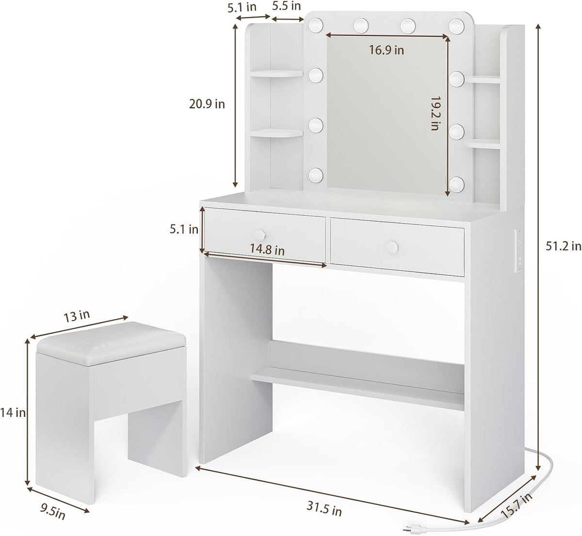 Haewon Makeup Vanity Desk with Lighted Mirror and Chair Set, White | 10 LED Light Bulbs, 3 Lighting Modes, Built-in Power Outlet, Storage Drawers and Shelves, for Bedroom