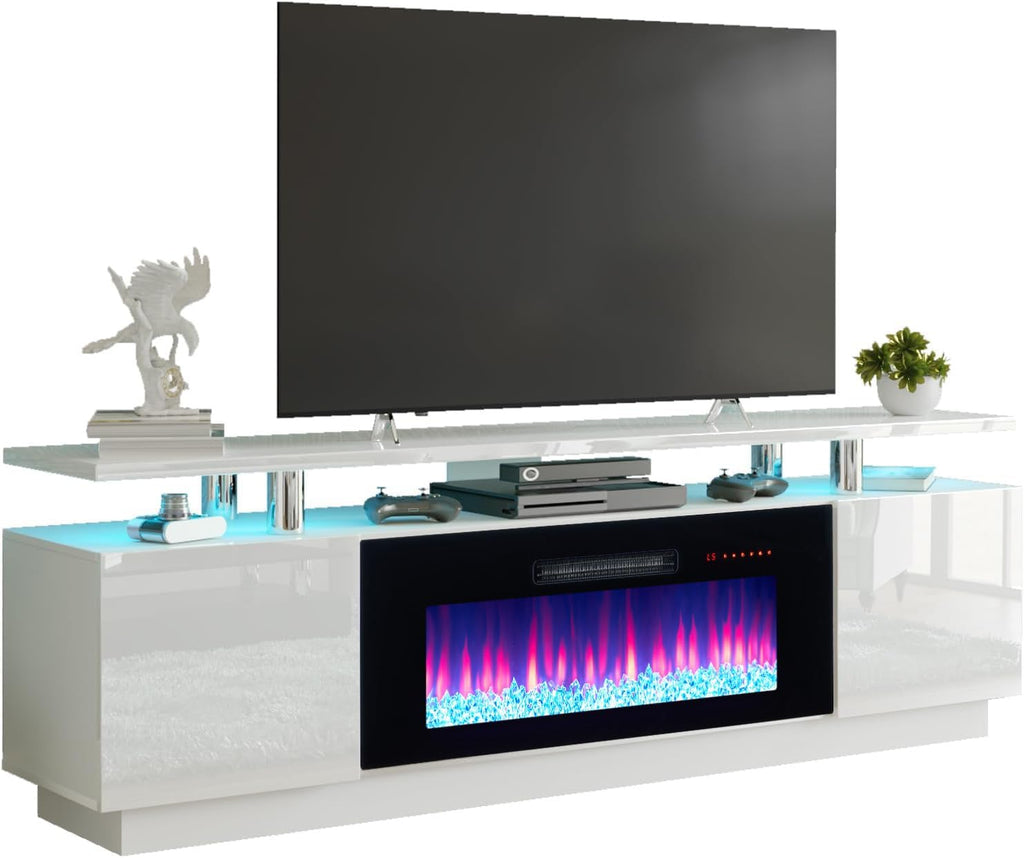 AMERLIFE 70" High-Gloss Fireplace TV Stand with 36" Electric Fireplace | White/Black LED TV Console, Modern Living Room Entertainment Center, Fits TVs up to 80", 2 Cabinets, 2-Tier Storage Space