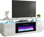 AMERLIFE 70" High-Gloss Fireplace TV Stand with 36" Electric Fireplace | White/Black LED TV Console, Modern Living Room Entertainment Center, Fits TVs up to 80", 2 Cabinets, 2-Tier Storage Space
