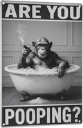 Bathroom Decor Wall Art – Funny Chimpanzee in Bathtub Tin Sign, 8x12 Inch Black and White Vintage Metal Wall Art, Humorous Animal Bathroom Sign for Restroom or Farmhouse (Sign-030)