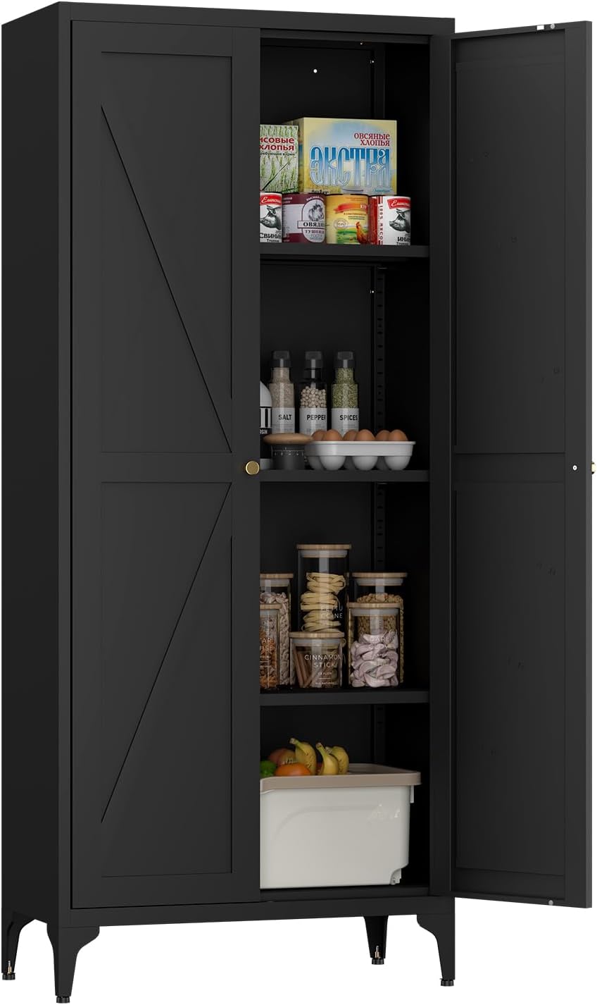 65"H Kitchen Pantry Storage Cabinets with 2 Doors and 3 Adjustable Shelves, Tall Metal Storage Cabinet with Adjustable Feet, White Cupboard for Kitchen, Dining Room, Living Room and Bathroom