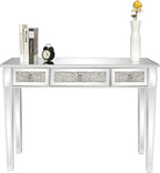 VINGLI Silver Mirrored Vanity Desk, Makeup Vanity Desk, Glass Desk with 3 Drawers, Glass Vanity for Women Girls Bedroom, Makeup Room & Office Writing Desk