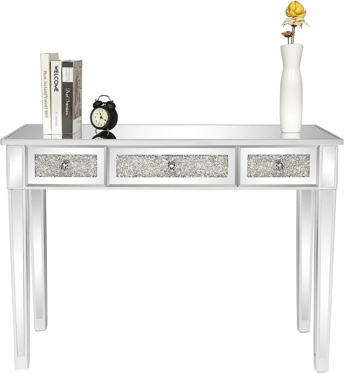 VINGLI Silver Mirrored Vanity Desk, Makeup Vanity Desk, Glass Desk with 3 Drawers, Glass Vanity for Women Girls Bedroom, Makeup Room & Office Writing Desk
