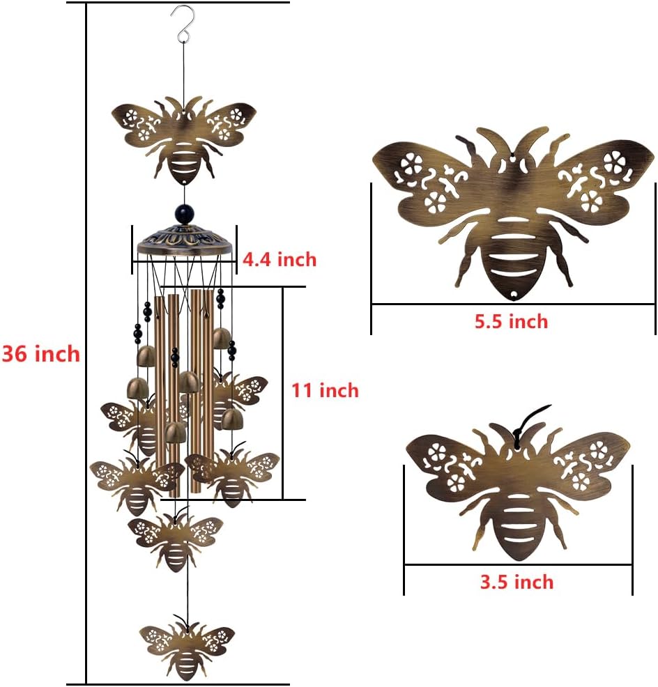 Outdoor Bees Wind Chimes Gifts for Mom - Bronze Memorial Wind Bells, Mobile Sympathy Wind Catcher, Romantic Bee Decor, 7 Bees Windchimes for Home, Balcony, Tree, Garden Festival Hanging Decoration