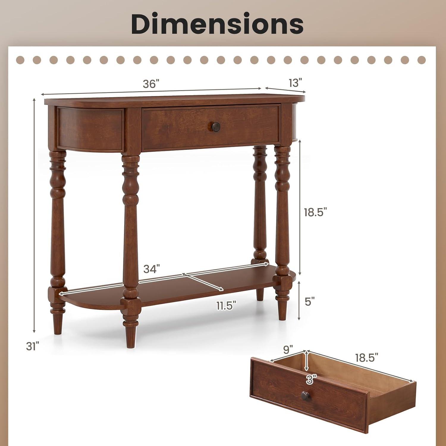 Giantex 2-Tier Console Table, 36" Retro Entryway Table with Storage Drawer & Elegant Legs, Narrow Wooden Sofa Table with Open Shelf for Living Room, Foyer, Hallway, Bedroom, Entrance (Brown)