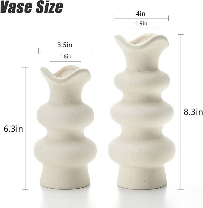 Modern Decorative White Ceramic Vases for Home Decor 8.3 Inch, Minimalist Boho Flower Aesthetic Cream Vases for Pampas Grass