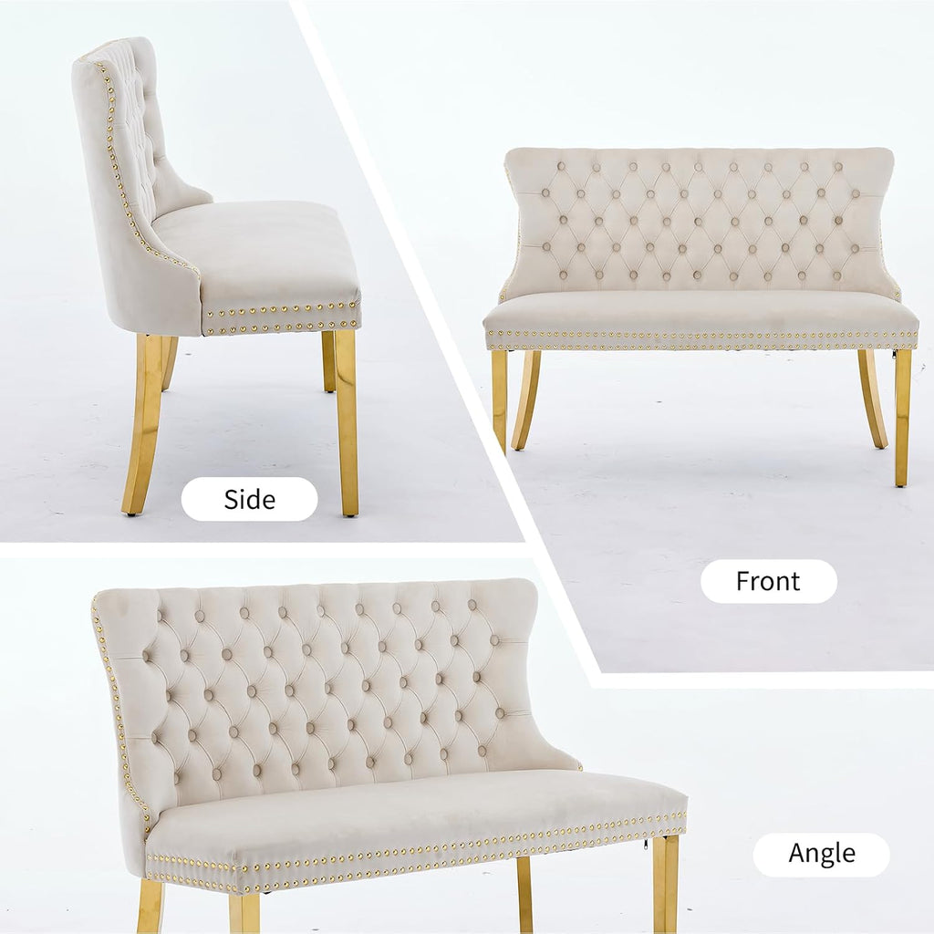 Beige Velvet Dining Bench with Back, Tufted Banquette Seating, Gold Legs | Upholstered loveseat bench; tufted back; nailhead trim; 500 lb capacity; foam and spring seat; dining room or entryway