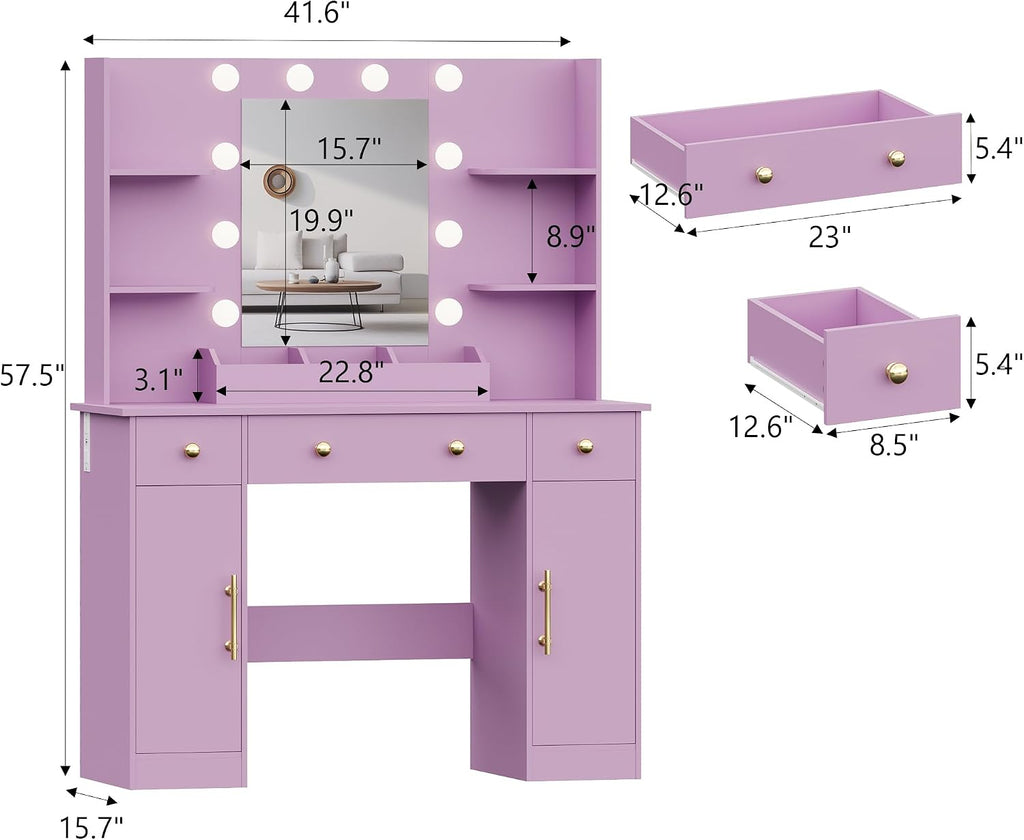 Wodeer Makeup Vanity Desk with Mirror and Lights, 43" Purple Vanity Set with 3 Drawers, Power Outlet & Adjustable RGB LED Lights, Dressing Table with Storage Shelf for Women & Girls Bedroom
