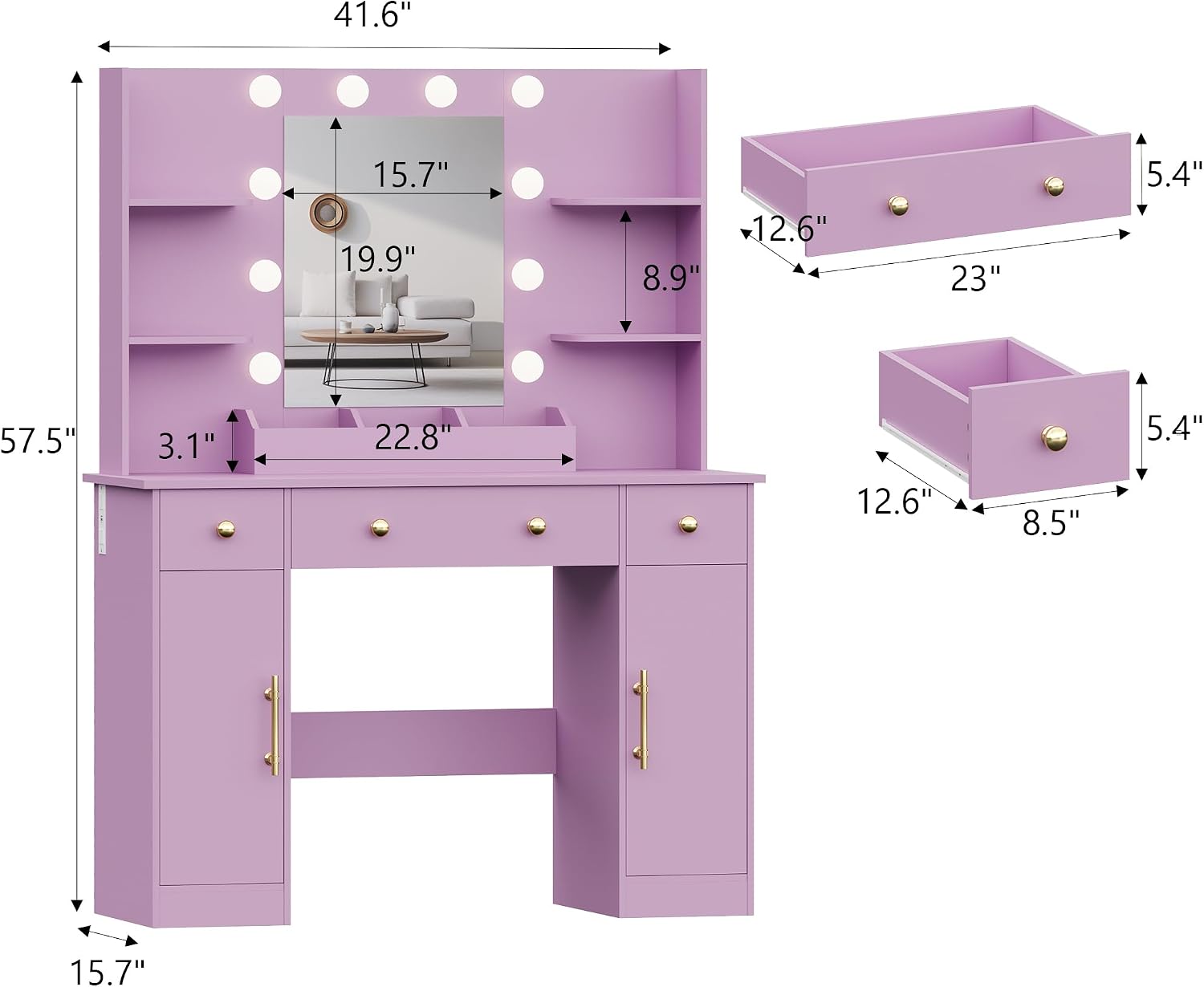 Wodeer Makeup Vanity Desk with Mirror and Lights, 43" Purple Vanity Set with 3 Drawers, Power Outlet & Adjustable RGB LED Lights, Dressing Table with Storage Shelf for Women & Girls Bedroom