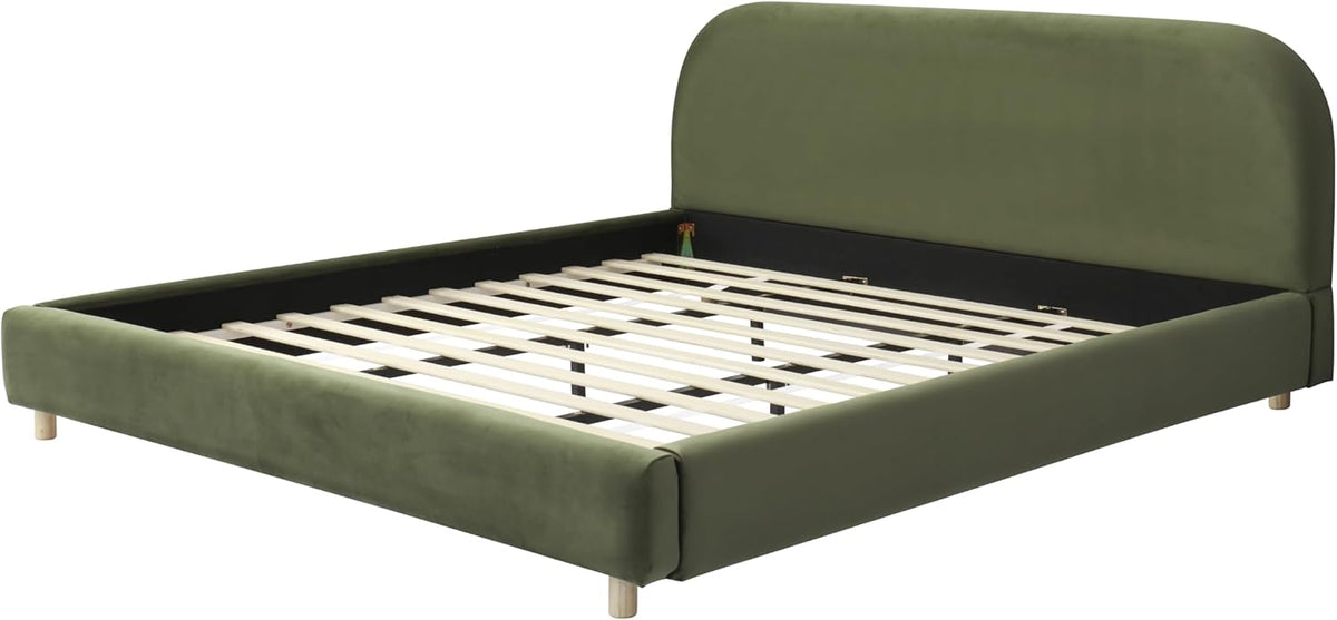 Virubi California King Size Upholstered Bed Frame with Curve Shaped Headboard, Modern Upholstered Platform Bed with Solid Wood Legs, Easy Assembly (California King,Olive Green)