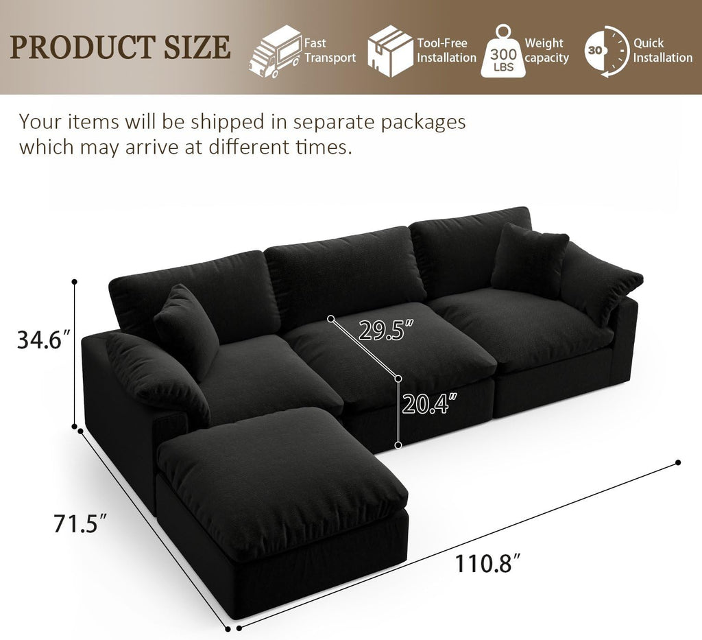 Modular Sectional Sofa Cloud Couch,Down Filled Comfy Cloud Modern Sofa,Black Linen L Shape Oversized Couch Cushion Covers Removable Furniture for Living Room