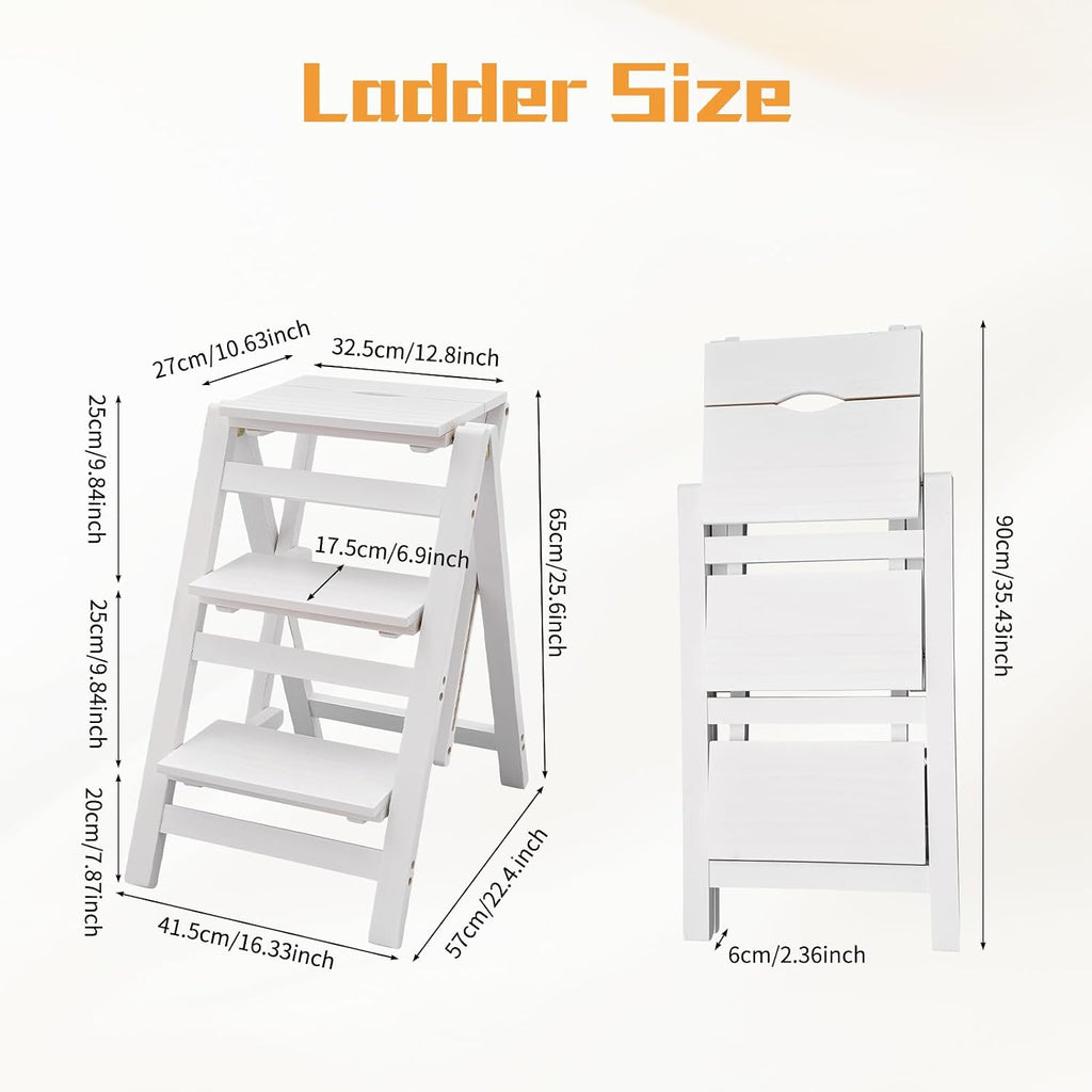 3-Step Ladder Chair Folding Step Stool Chair 22.44" L x 16.33" W x 25.6" H 220 LBS Load Capacity White Pinewood Counter Chairs for Kitchen Bedroom Living Room Warehouse, Space Saving