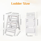 3-Step Ladder Chair Folding Step Stool Chair 22.44" L x 16.33" W x 25.6" H 220 LBS Load Capacity White Pinewood Counter Chairs for Kitchen Bedroom Living Room Warehouse, Space Saving