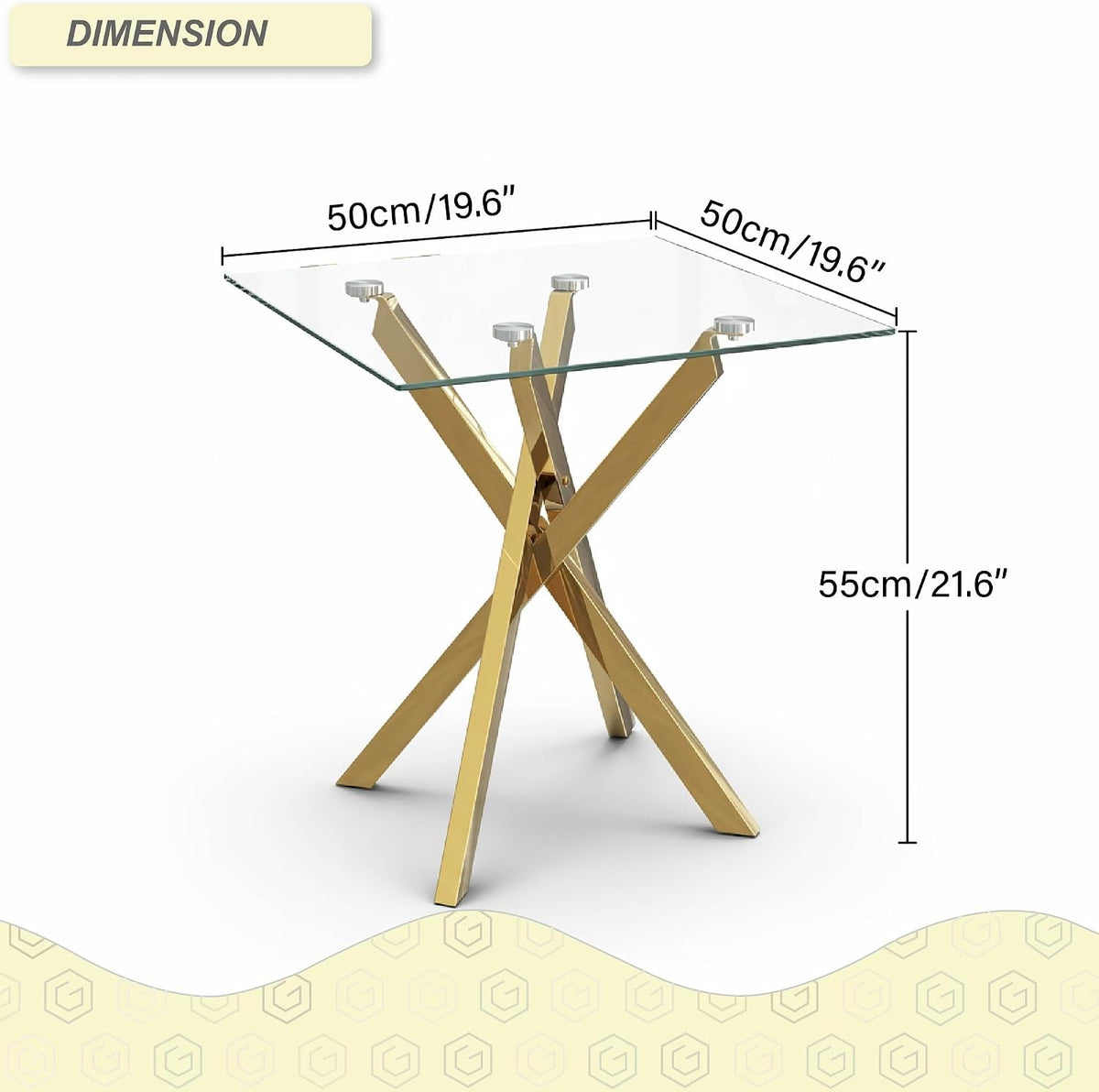 Small Side Table with Chromed Legs, Tempered Glass Square Modern End Table Sofa Table for Living Room Home Office (1, Gold, 20"×20"×22")