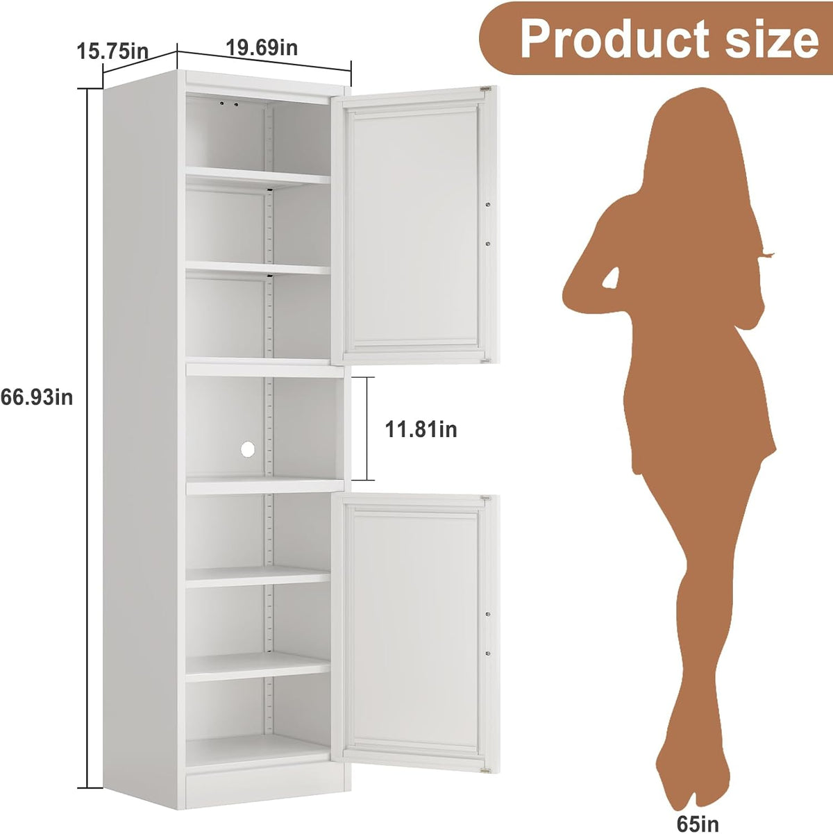 67" Tall Pantry Cabinet, Kitchen Pantry Storage Cabinet with Doors and Shelves, Slim Freestanding Storage Cabinet, Metal Utility Cabinet with Adjustable Shelves, Cord Hole, Reversible Door, White