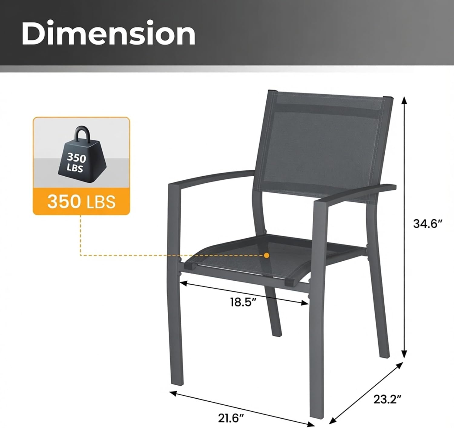 Elountik Set of 6 Heavy Duty Outdoor Patio Chairs, All Weather Textilene Mesh, Metal Frame, 350lb Capacity, Grey
