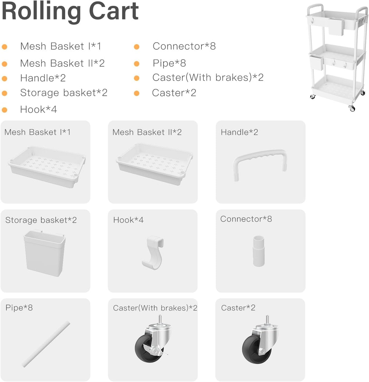 3 Tier Rolling Utility Cart with Handle,REBECAT Utility Cart Made of Multifunctional Storage Organizer Tool for Kitchen,Bathroom,Living Room,Office(White)