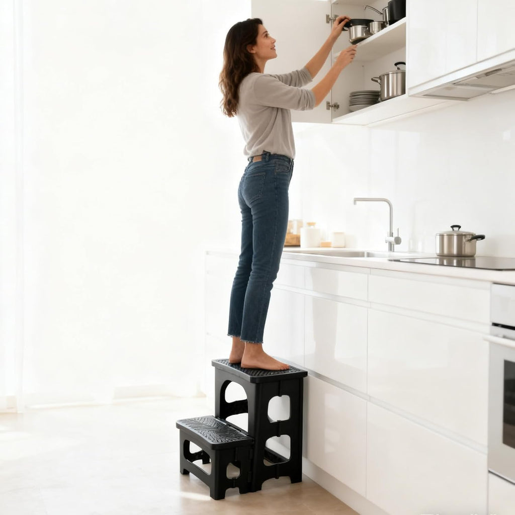 2-Step Folding Stool Ladder,Non-Slip Portable Collapsible Step Stool for Kitchen Bathroom Home RV Closet Office, 16.5" Heights, Holds 300 lbs,Foldable Lightweight Design only 4.6Ibs (Black)