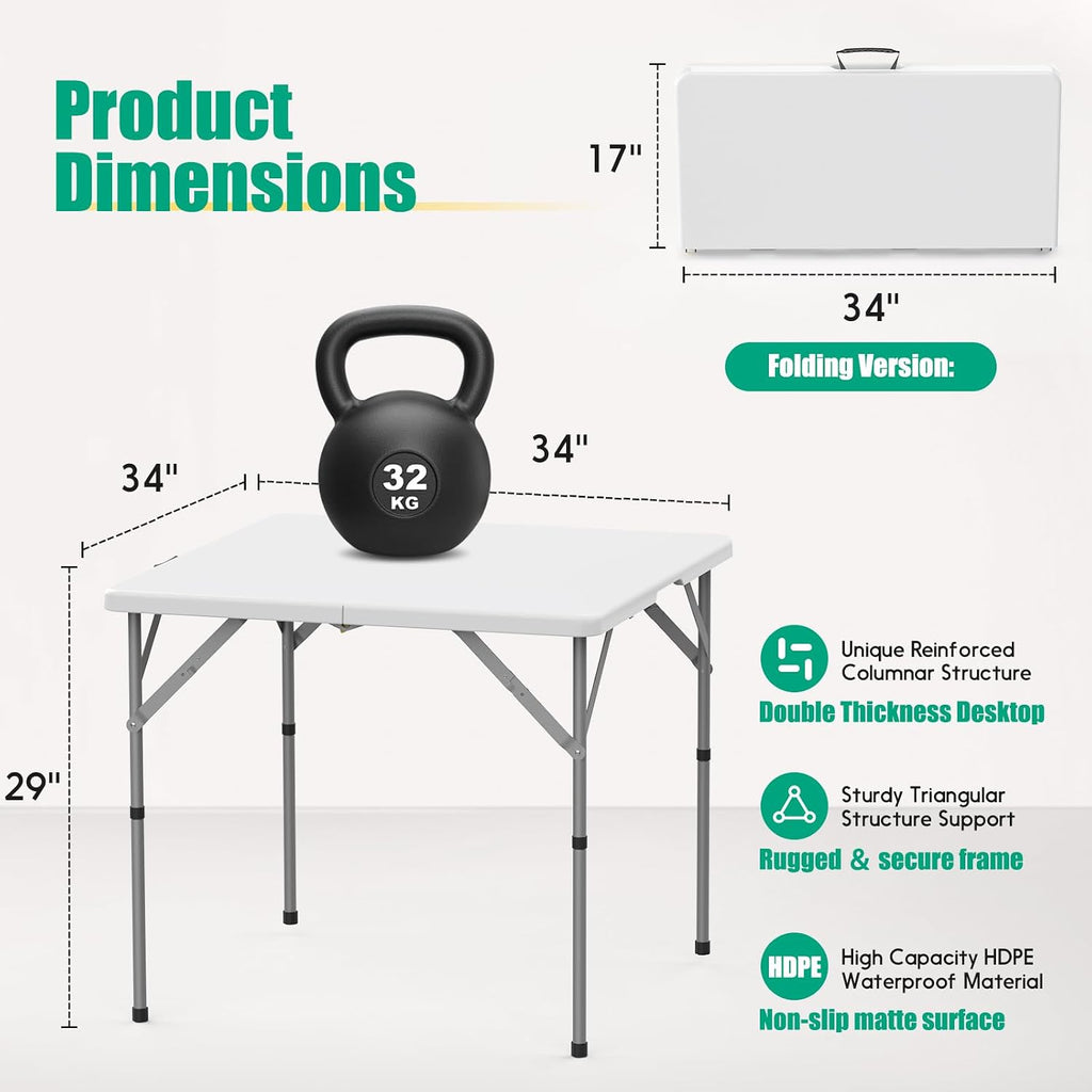 34'' Square Folding Card Table 2 Pcs,Dining Table with Handle & Safety Lock | Fold-in-Half, Portable, Heavy Duty HDPE, Foldable Plastic Table for Camping Picnic Party Event, White
