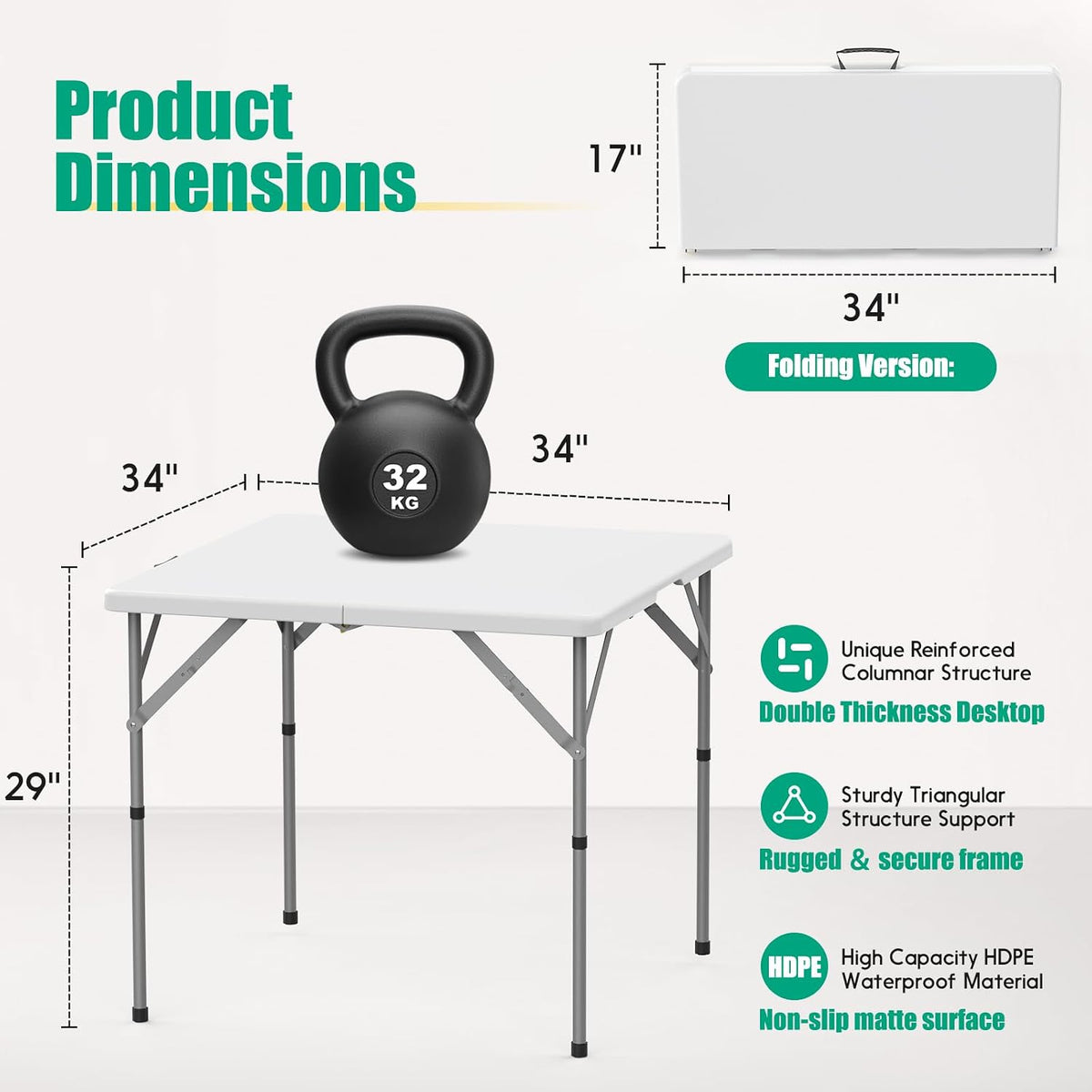 34'' Square Folding Card Table 2 Pcs,Dining Table with Handle & Safety Lock | Fold-in-Half, Portable, Heavy Duty HDPE, Foldable Plastic Table for Camping Picnic Party Event, White