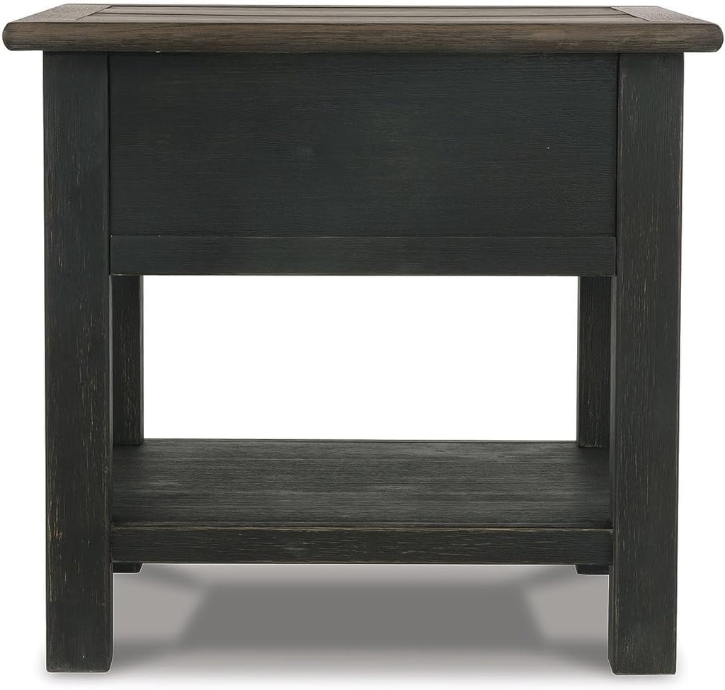 BOWERY HILL Contemporary Wood End Table, Grayish Brown and Black Finish, 1 Drawer and Bottom Shelf, Dark Bronze-Tone Hardware, 25.13" H x 24" W x 27" D, Shabby Chic Living Room Accent