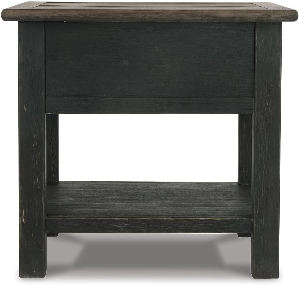 BOWERY HILL Contemporary Wood End Table, Grayish Brown and Black Finish, 1 Drawer and Bottom Shelf, Dark Bronze-Tone Hardware, 25.13" H x 24" W x 27" D, Shabby Chic Living Room Accent