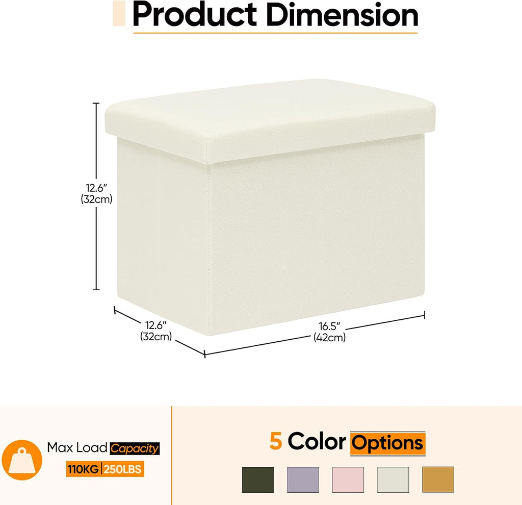 16.5" Folding Storage Ottoman, Linen Fabric Footstool with Padded Lid, Collapsible Storage Footrest for Small Space, Living Room, Bedroom, Dorm, Off White