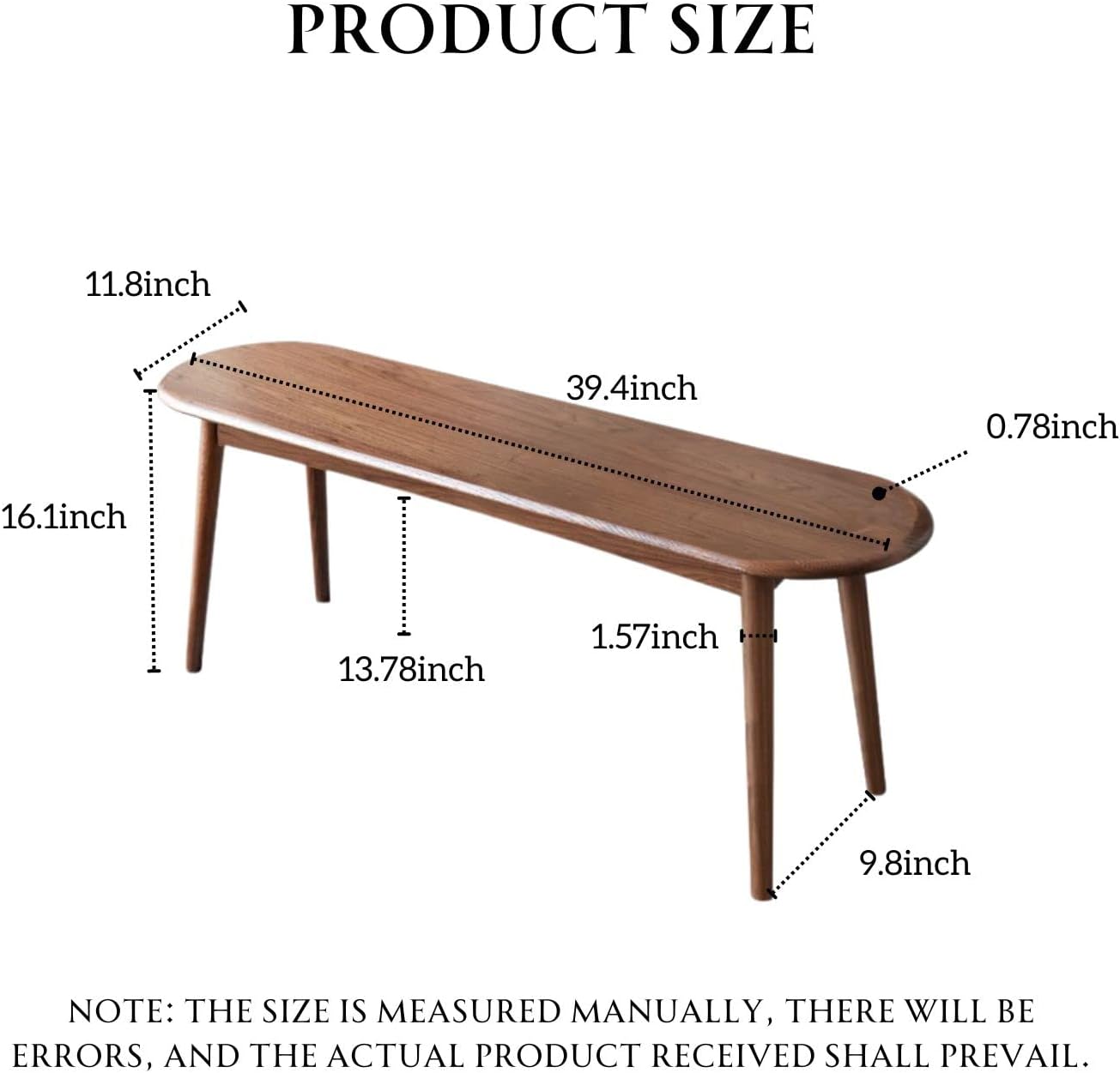 100% Solid Oak Indoor Dining Bench, Wood Bench for End of Bed with Safety Rounded Corners, Entryway Benches for Farmhouse, Kitchen, Living Room(Walnut,12" L x 39.5" W x 16.2" H)