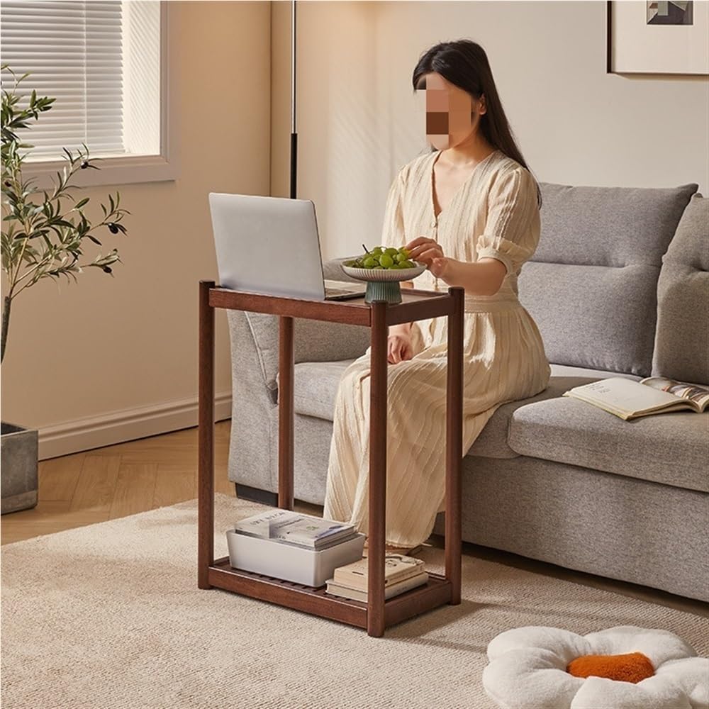 Rolling Wooden End Table with Wheels, Multifunctional 2 Tier Storage Nightstand for Bedroom and Living Room, Perfect for Small Spaces