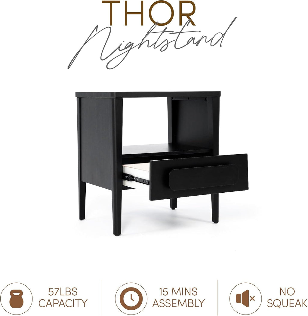 Modern Nightstand, Sustainable Hevea Premium Solid Wood Frame - Bedside Table - End Table with Ball Bearing Slide - Drawers Real Wooden Cabinet Organizer for Bedroom (Midnight Charcoal)