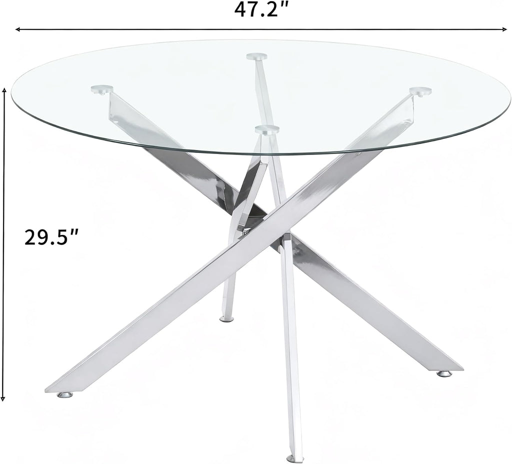 47.2“ Round Dining Table for 4, Contemporary Tempered Glass Dining Table, Small Dinner Table with Silver Metal Base, Round Clear Kitchen Table Writing Desk for Dining Kitchen