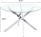 47.2“ Round Dining Table for 4, Contemporary Tempered Glass Dining Table, Small Dinner Table with Silver Metal Base, Round Clear Kitchen Table Writing Desk for Dining Kitchen