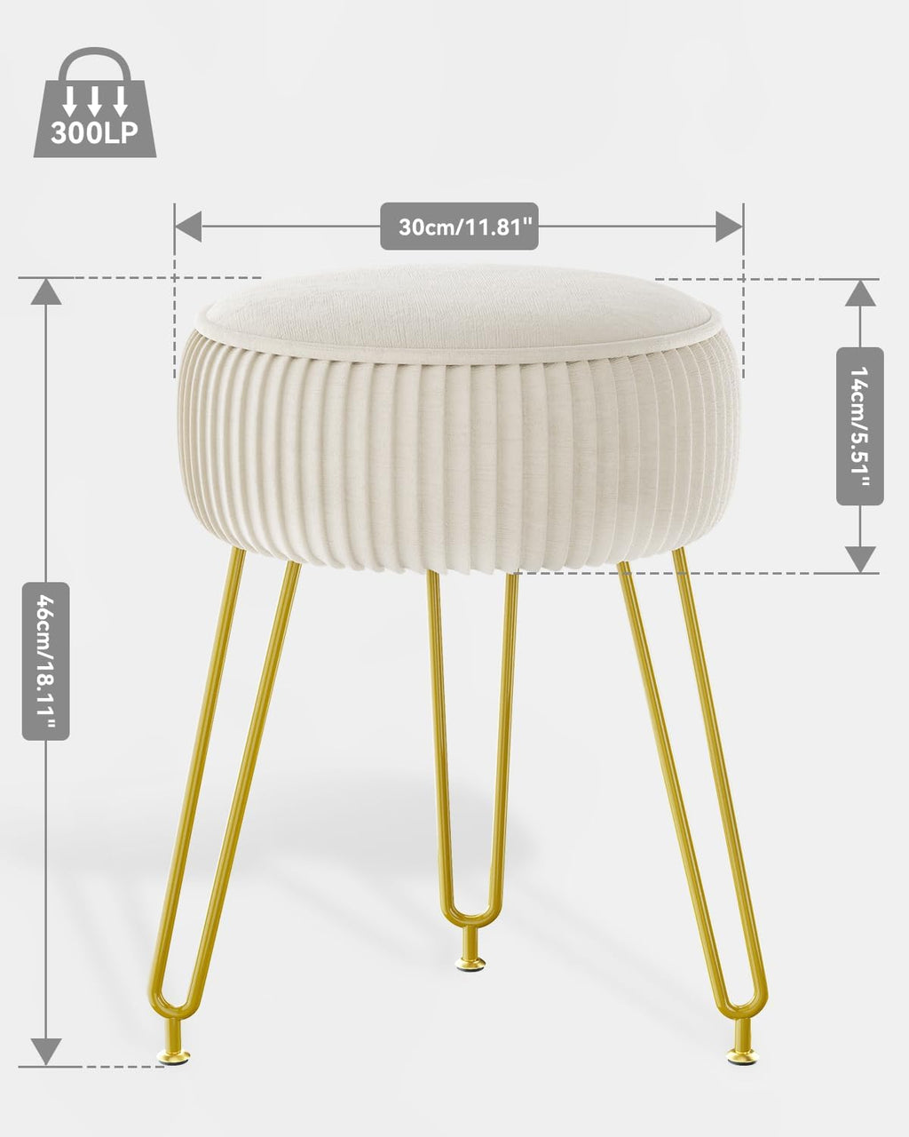 IBUYKE Makeup Vanity Stool, Velvet Round Footrest Ottoman, White LG-30M | Dressing Table Seat Pouf Couch chair Golden Steel Legs