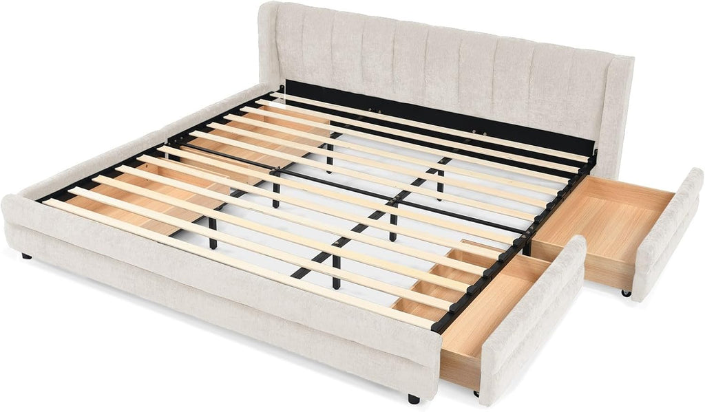 KEIKI Thick Chenille King Bed Frame with 4 Storage Drawer & Upholstered Tufted Cushioned Headboard, Modern Solid Wood Floor Platform Cloud Bed Frame for Bedroom, No Box Spring Needed, Beige