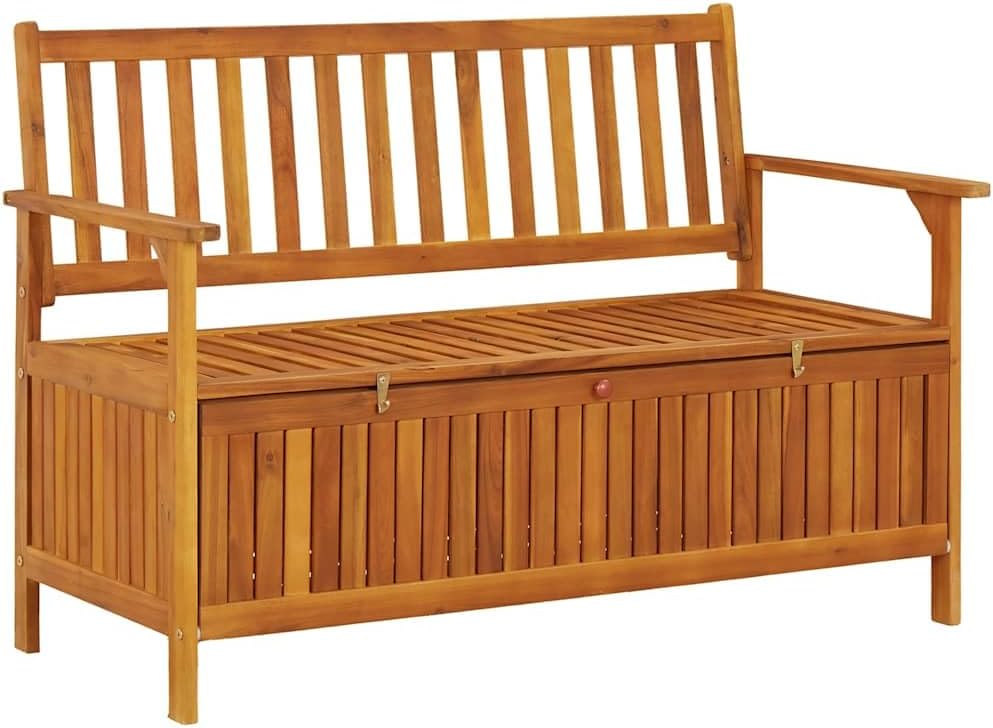 Patio Storage Bench 47.2" Solid Acacia Wood Outdoor Bench Seat with Armrests and Backrest, Garden Bench for Front Porch Furniture and Patio Furniture Storage