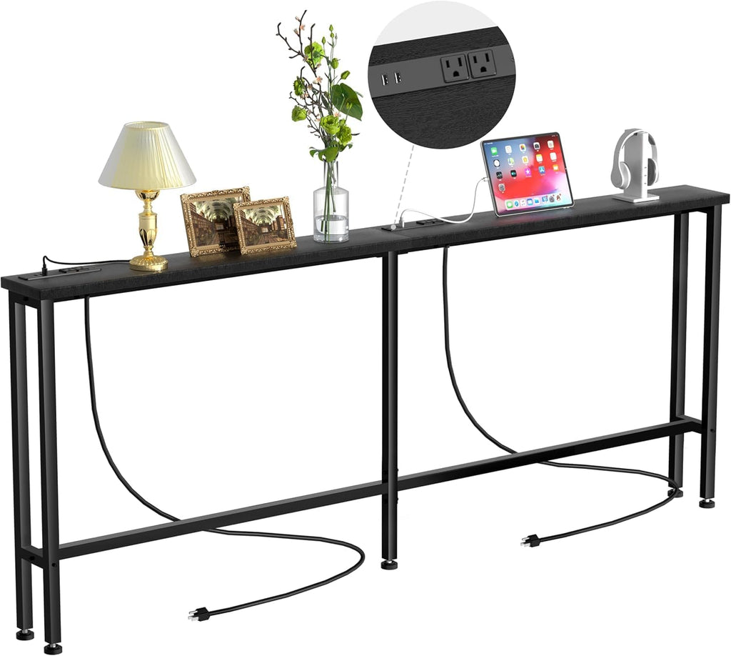 Keelian 102" Narrow Console Sofa Table - 2 Power Outlets & 4 USB Ports, Metal Frame, Black, Perfect for Hallway, Office, and Behind Sofa - Easy Assembly, 4.9' Extension Cord Included