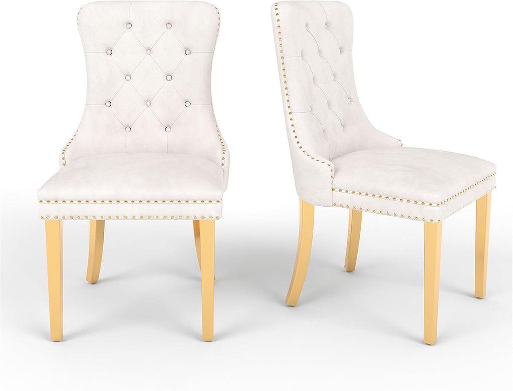White Velvet Dining Chairs Set of 2, Mid Century Modern Kitchen & Dining Room Chairs, Fabric Tufted Dinning Chairs, Velvet Upholstered, Wing Back, Pull Ring, Stainless Steel Legs, Gold