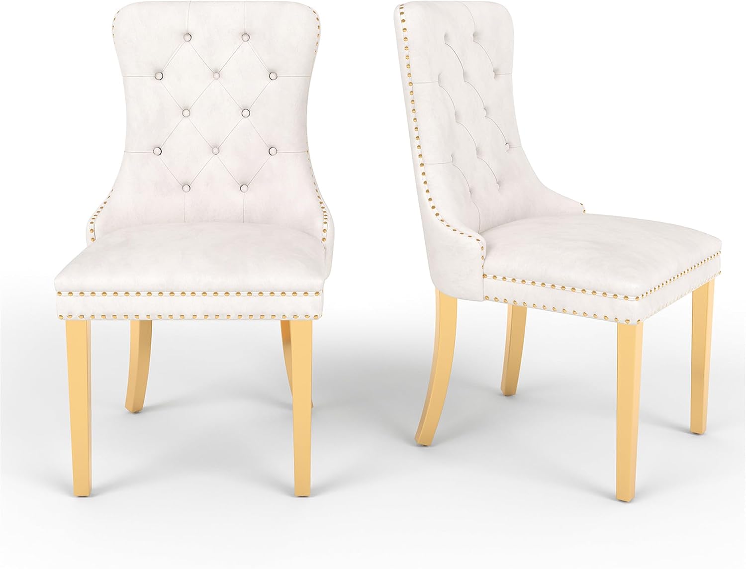 White Velvet Dining Chairs Set of 2, Mid Century Modern Kitchen & Dining Room Chairs, Fabric Tufted Dinning Chairs, Velvet Upholstered, Wing Back, Pull Ring, Stainless Steel Legs, Gold