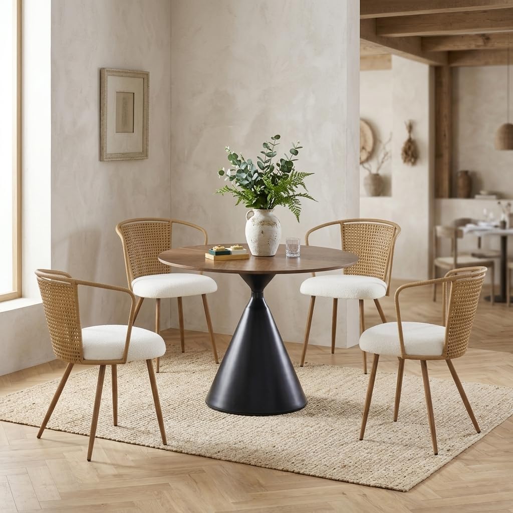 Rattan Dining Chairs,Upholstered Boucle Cushion with PE Cane Wing Back Kitchen Chair,Modern Dining Room Chair with Wood Metal Legs for Kitchen,Beige White Set of 4