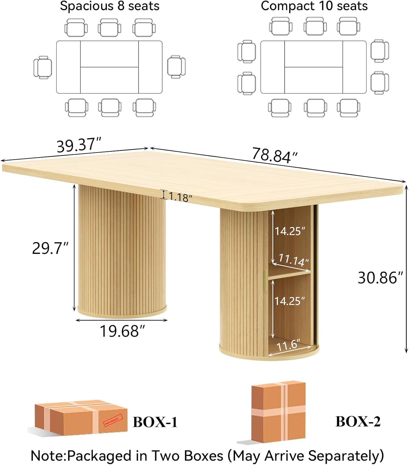 Gyfimoie 79" Dining Table for 8 to 10 People,Farmhouse Kitchen Dining Room Table with 2 Fluted Wood Strip Base & Slide Door,Mid Century Modern Dinner Table Furniture for Living Room,Kitchen,Natural