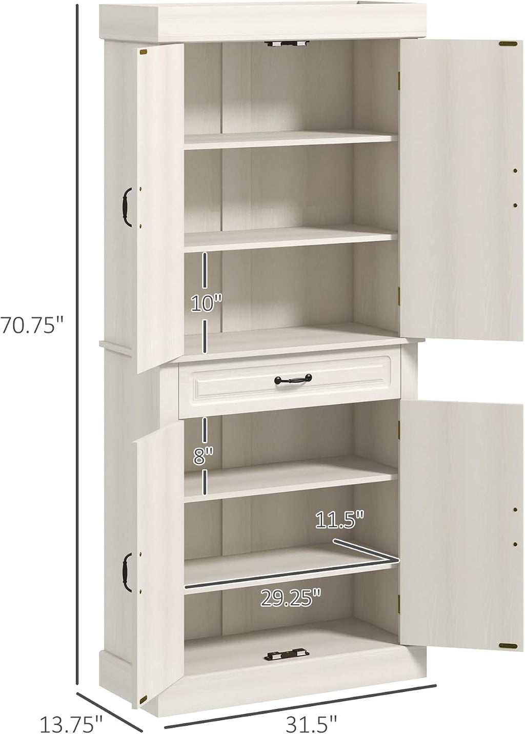 HOMCOM 71" Freestanding Kitchen Pantry Cabinet, Tall Storage Cabinet with 4 Doors and Drawer for Dining Room, Distressed White
