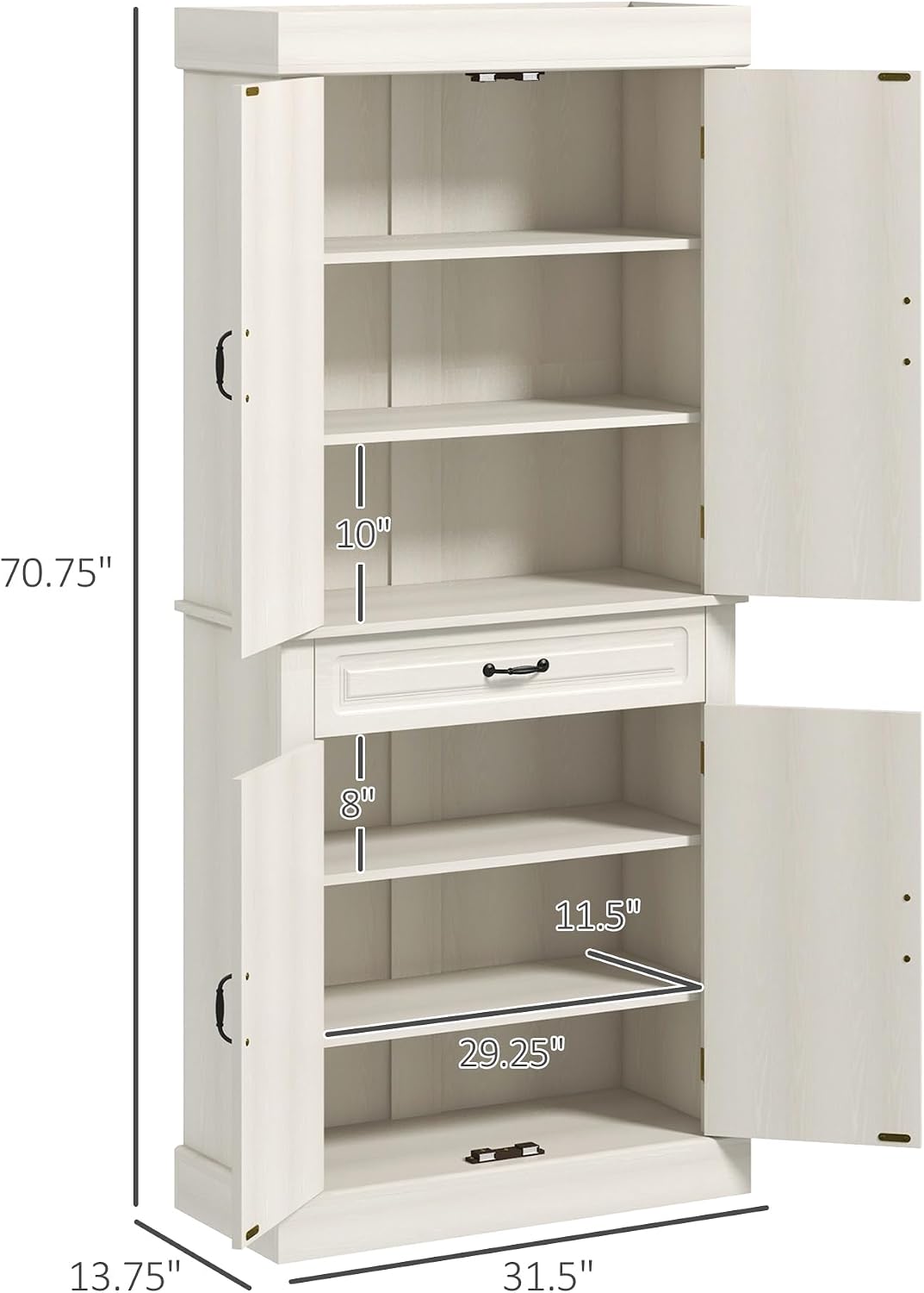 HOMCOM 71" Freestanding Kitchen Pantry Cabinet, Tall Storage Cabinet with 4 Doors and Drawer for Dining Room, Distressed White