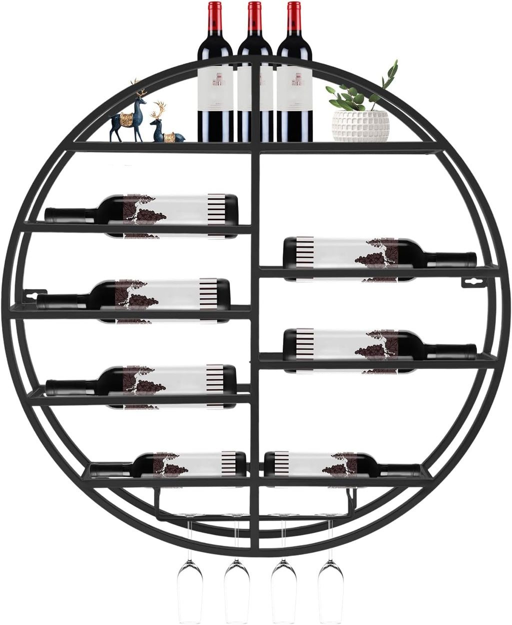 23.6 Inch Wall Mounted Wine Rack w/Glass Holder, Round Iron Wine Shelf, 7 Bottle Horizontal Storage & 4 Glass Hanging Rail, Modern Floating Display for Kitchen & Bar (Black/Gold) (Black)