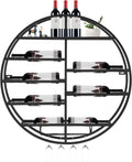 23.6 Inch Wall Mounted Wine Rack w/Glass Holder, Round Iron Wine Shelf, 7 Bottle Horizontal Storage & 4 Glass Hanging Rail, Modern Floating Display for Kitchen & Bar (Black/Gold) (Black)