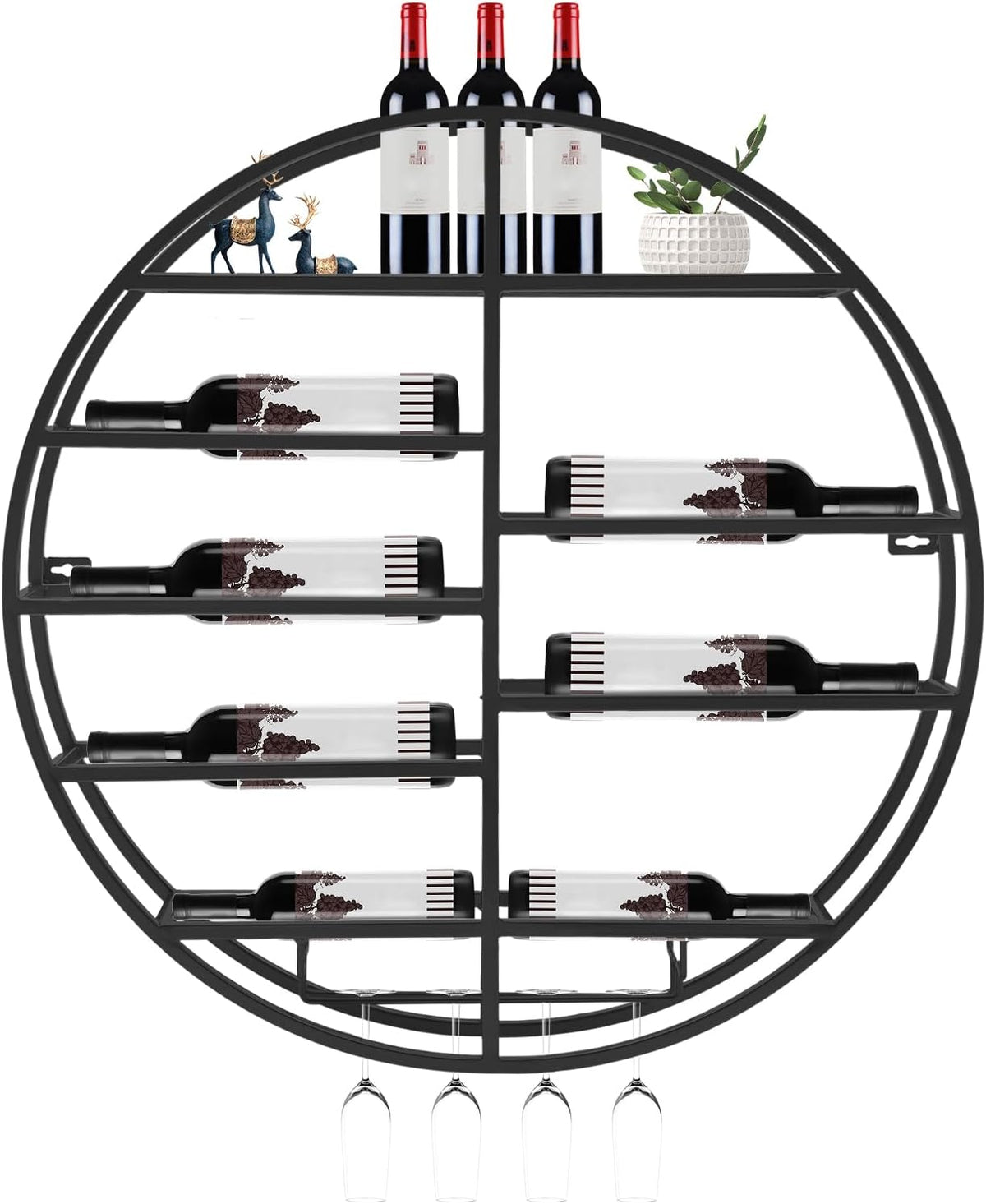 23.6 Inch Wall Mounted Wine Rack w/Glass Holder, Round Iron Wine Shelf, 7 Bottle Horizontal Storage & 4 Glass Hanging Rail, Modern Floating Display for Kitchen & Bar (Black/Gold) (Black)