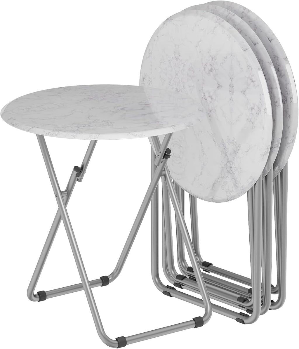 TV Trays Table Set of 4 Round Portable Folding TV Tray Table TV Dinner Tray with Sturdy MDF, No Assembly Required, 17.5 x 17.5 x 26 in (White Marble, 4Pcs)
