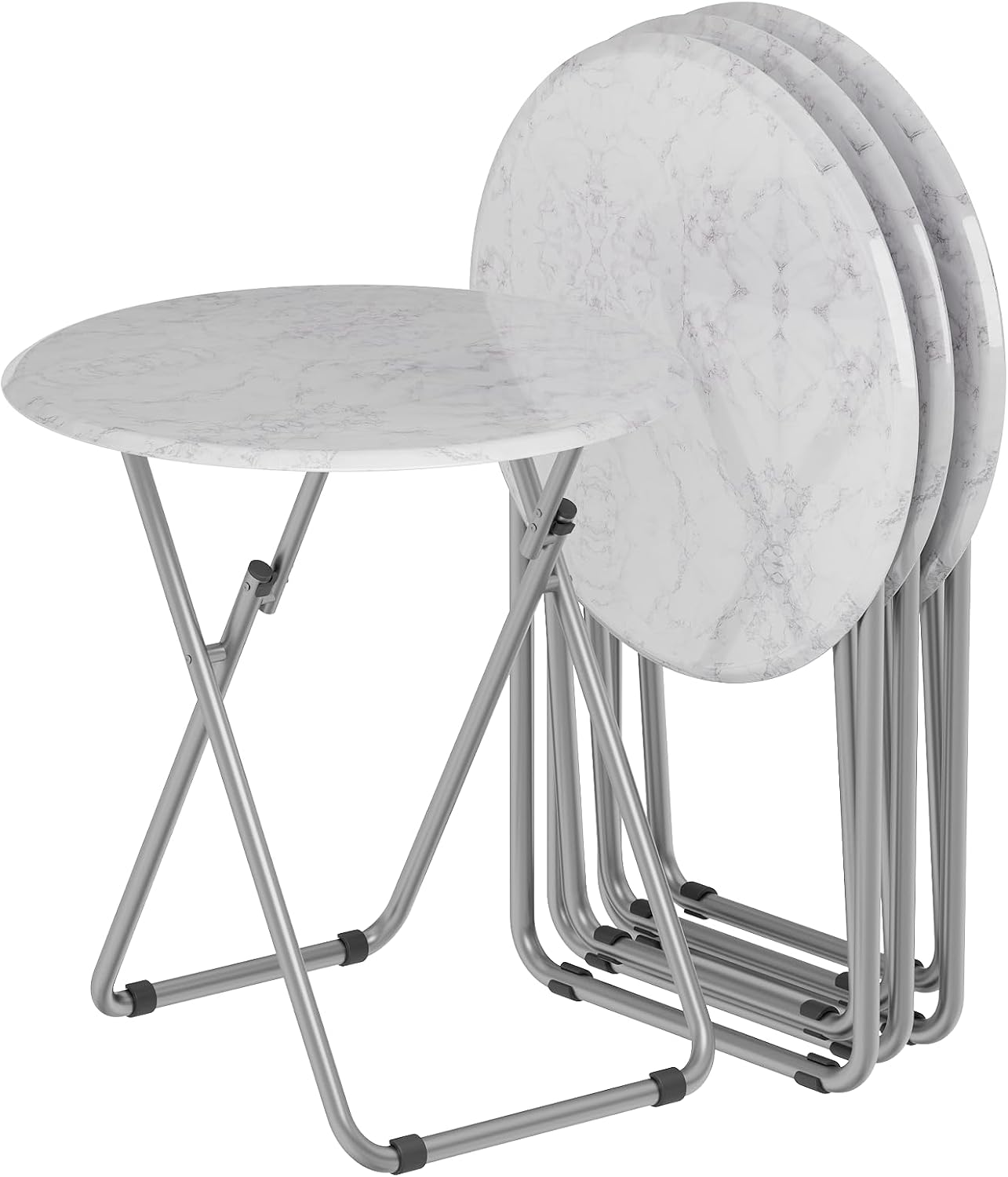 TV Trays Table Set of 4 Round Portable Folding TV Tray Table TV Dinner Tray with Sturdy MDF, No Assembly Required, 17.5 x 17.5 x 26 in (White Marble, 4Pcs)